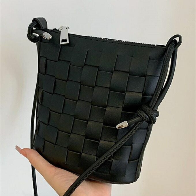 ブラック PU レザー ミニ バケツ バッグ、ブレイディッド デザイン、日常使い、軽量、ファッション、ホワイトカラー、大学生、仕事、ビジネス、通勤、オフィス、記念日、バレンタインデーの贈り物、女性、財