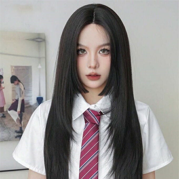 女性用ダークブラウンのひめかっ トングストレートレイヤードウィッグ 2層0.5 Uフォームヘアライン レースフロントウィッグ 自然 グルーレス 耐熱 合成繊維ウィッグ ロリータコスプレパーティー初心者