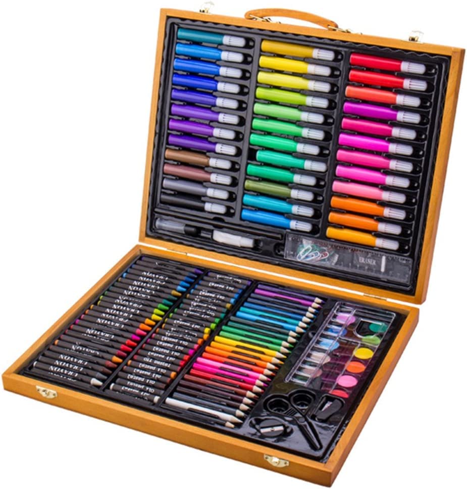 絵具セット お絵かきセット 木製ボックス 水性色鉛筆 クレヨン パレット絵の具 カラーサインペン オイルパステル 絵筆セット 150ピース